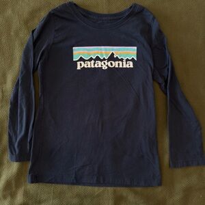 Patagonia Navy Long-Sleeve Logo Tee with Multicolor Stripe
